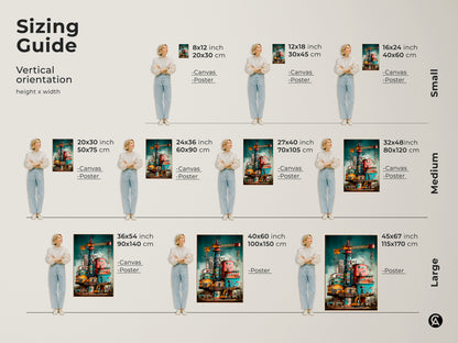 Sizing guide showing vertical orientation options for surreal industrial art. The canvas and poster print sizes range from small to large. Choose the perfect size for your space of this oil rig crane architectural artwork.
