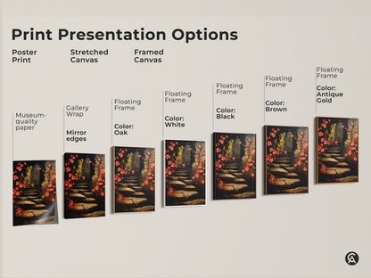 Explore print presentation options for floral stairway artwork. Choose from poster print stretched canvas or framed canvas. Each option enhances this botanical archway art featuring red and pink blossoms. Find the perfect match for your romantic boho decor.