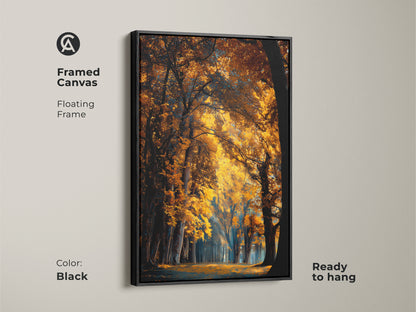 Framed canvas featuring autumn forest. The floating frame is black. The ready to hang artwork is a nature scene. Enjoy outdoor landscapes with wall decor.