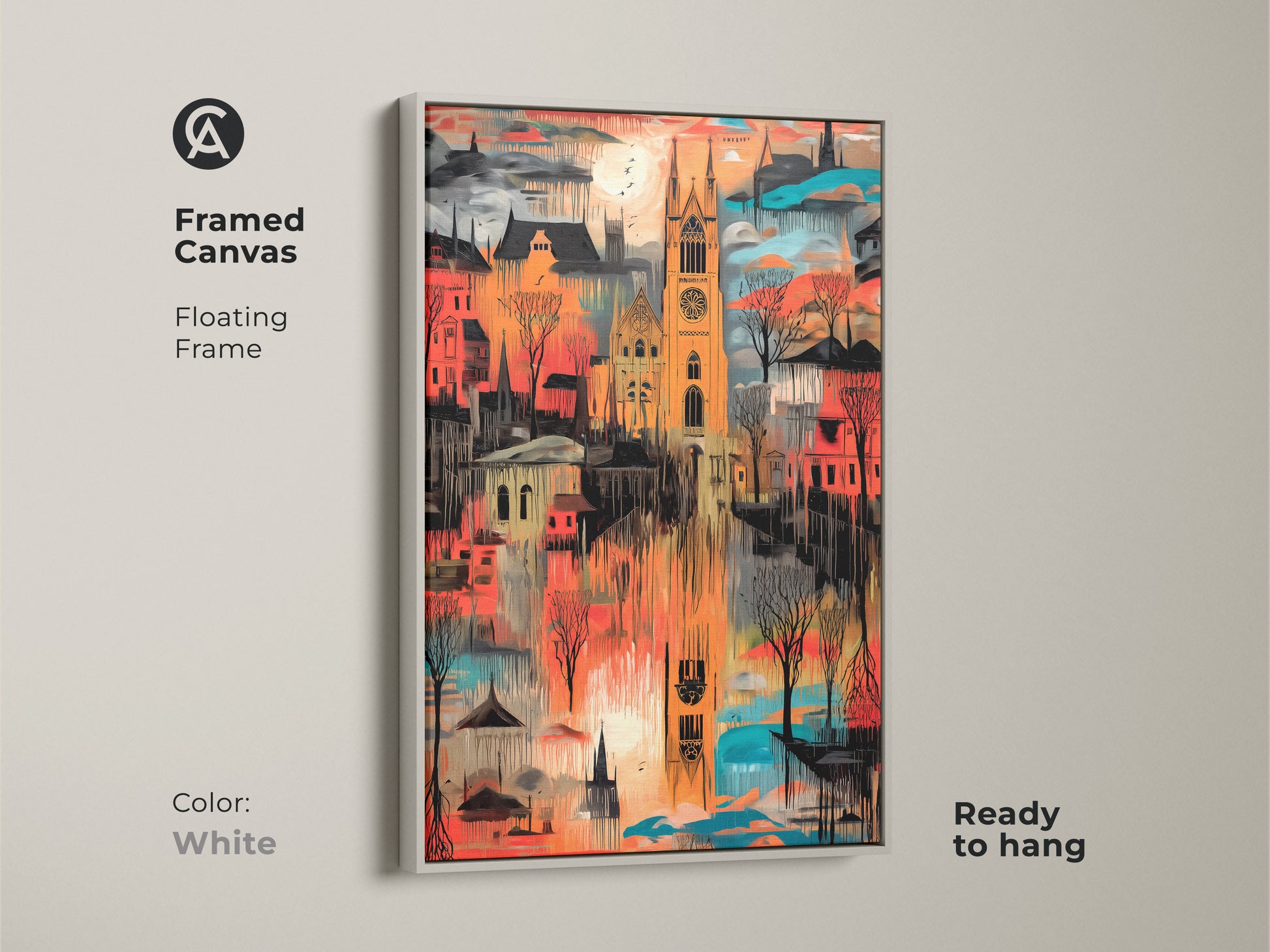 This expressive gothic building canvas art print is set in a white floating frame ready to hang. Featuring an abstract cityscape in orange red and teal this artwork adds a modern touch to eclectic spaces and is ideal as office wall decor.