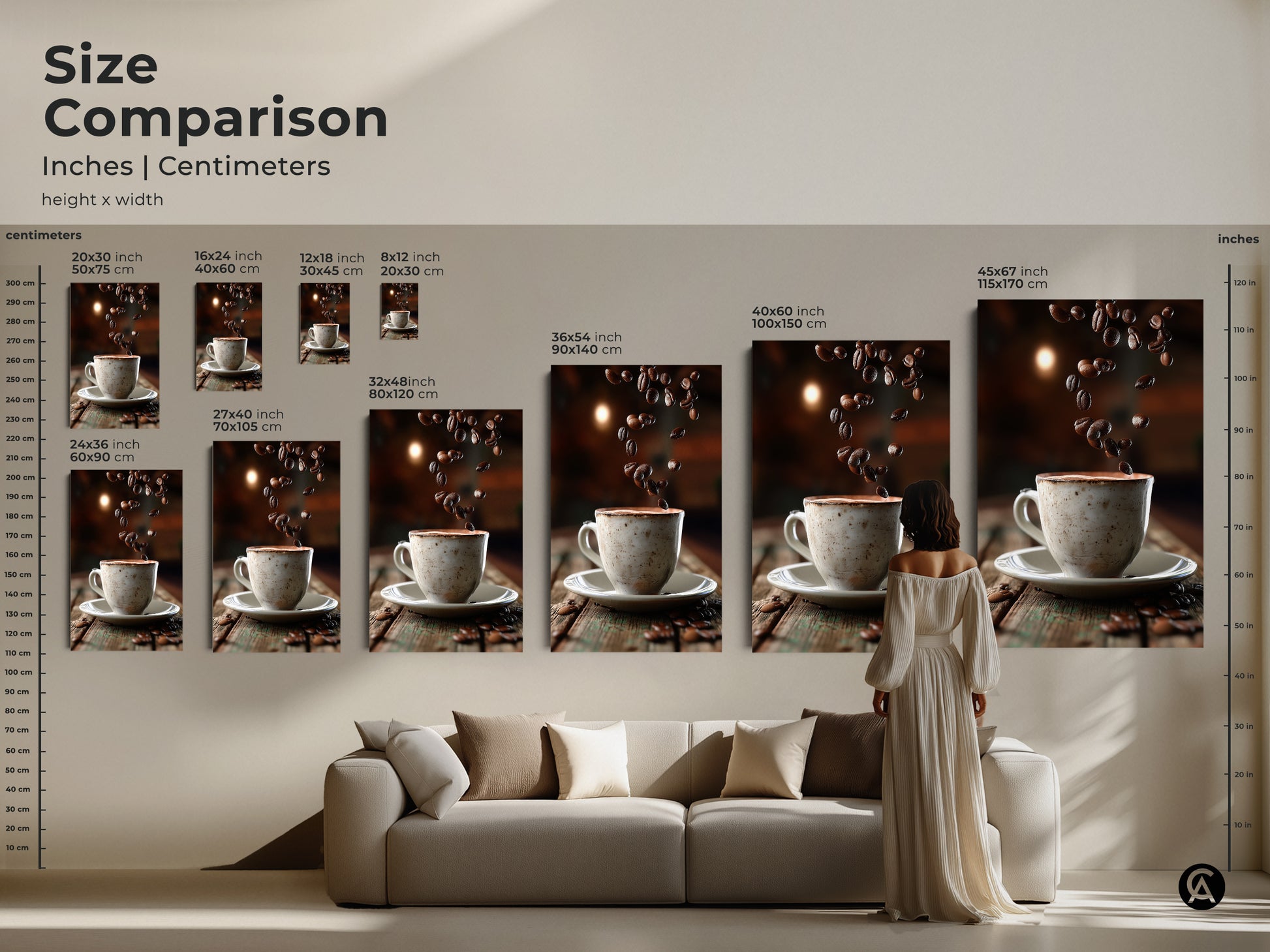 Size comparison of coffee cup art prints. See how the art fits above a sofa. Sizes range from 20x30 to 45x67 inches. Visualize the artwork's impact in your space.