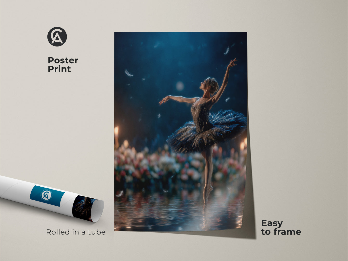 Poster print of a ballerina ready to frame. Rolled in a tube for easy shipping and protection. The image captures a ballerina dancing on water. Ideal for those who appreciate dance and art. Frame it to match your decor and enjoy this beautiful piece.