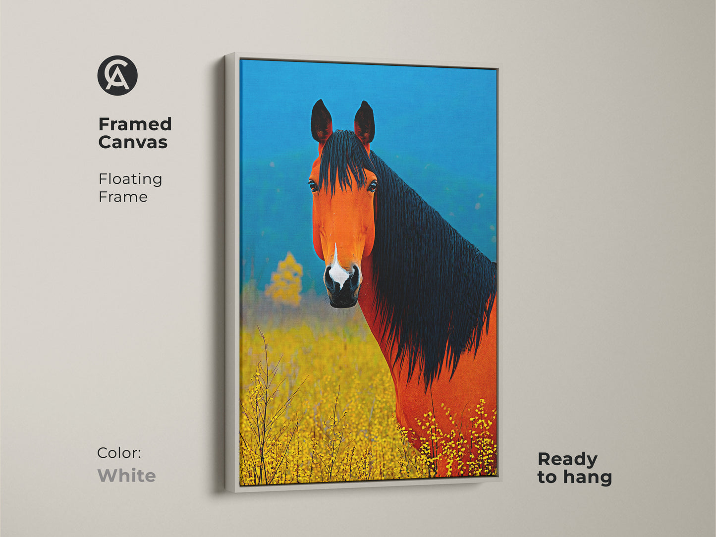 This framed canvas shows the vibrant orange and blue horse art. The white floating frame is ready to hang. Great farmhouse wall decor. Give a gift for equestrian enthusiasts and animal lovers alike. Modern style meets nature