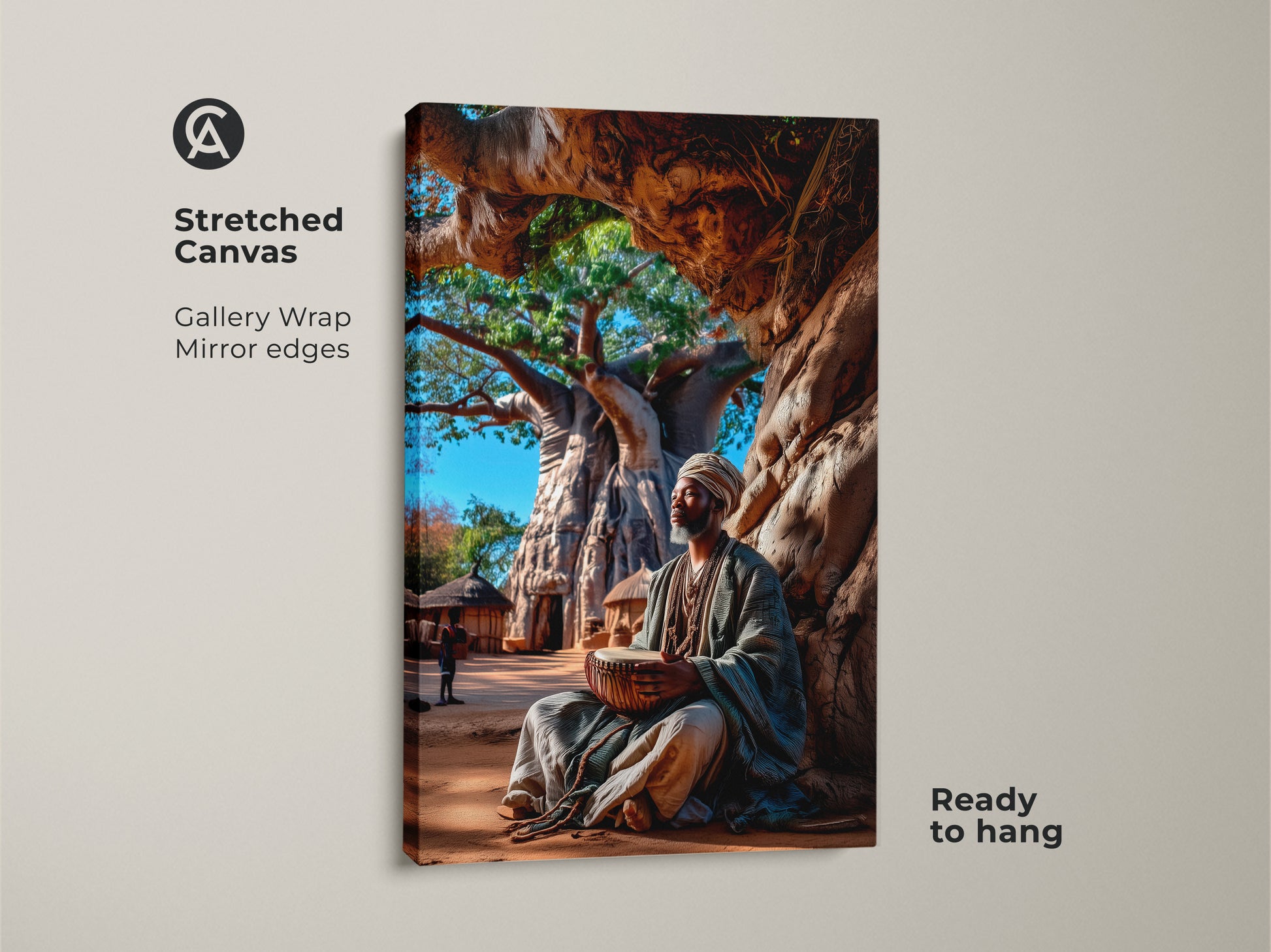 This stretched canvas showcases cultural African artwork. The gallery wrap features mirror edges and is ready to hang. See an African man playing a drum under a Baobab tree. Its realistic style and earth tones add an eclectic element to any room.