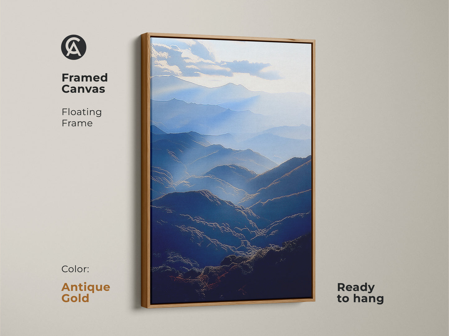 Framed canvas presenting a deep blue mountain range. This atmospheric landscape wall art has a floating antique gold frame. This serene valley artwork is ready to hang. Complements modern home decor. A beautiful nature scenic view print for any room.