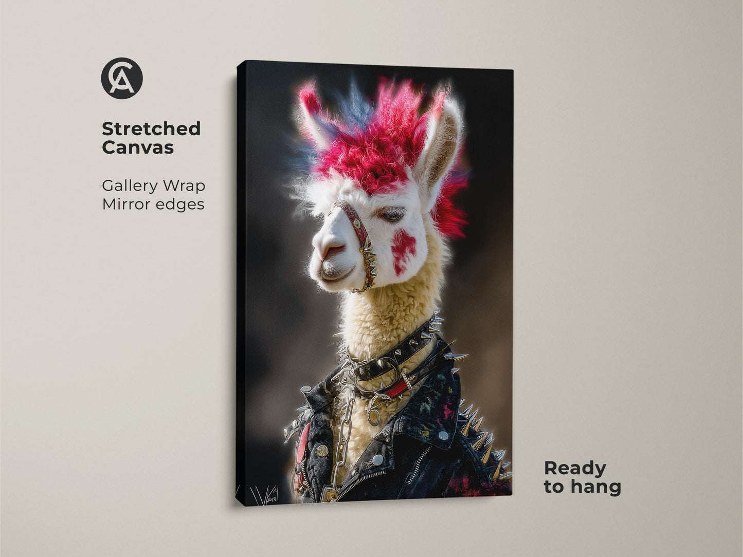 Stretched canvas art shows a Punk Alpaca. It has a bold pink and blue mohawk. The canvas features a studded leather jacket on an Alternative music fan Llama. Ready to hang art offers a gallery wrap and mirror edges.