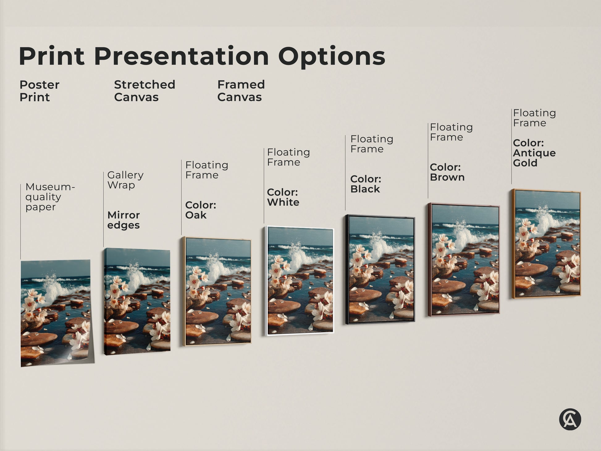 Explore presentation options for ocean wave and cherry blossom art. Choose from poster prints stretched canvas or framed artwork. Each option offers unique style. Find the perfect art for your decor