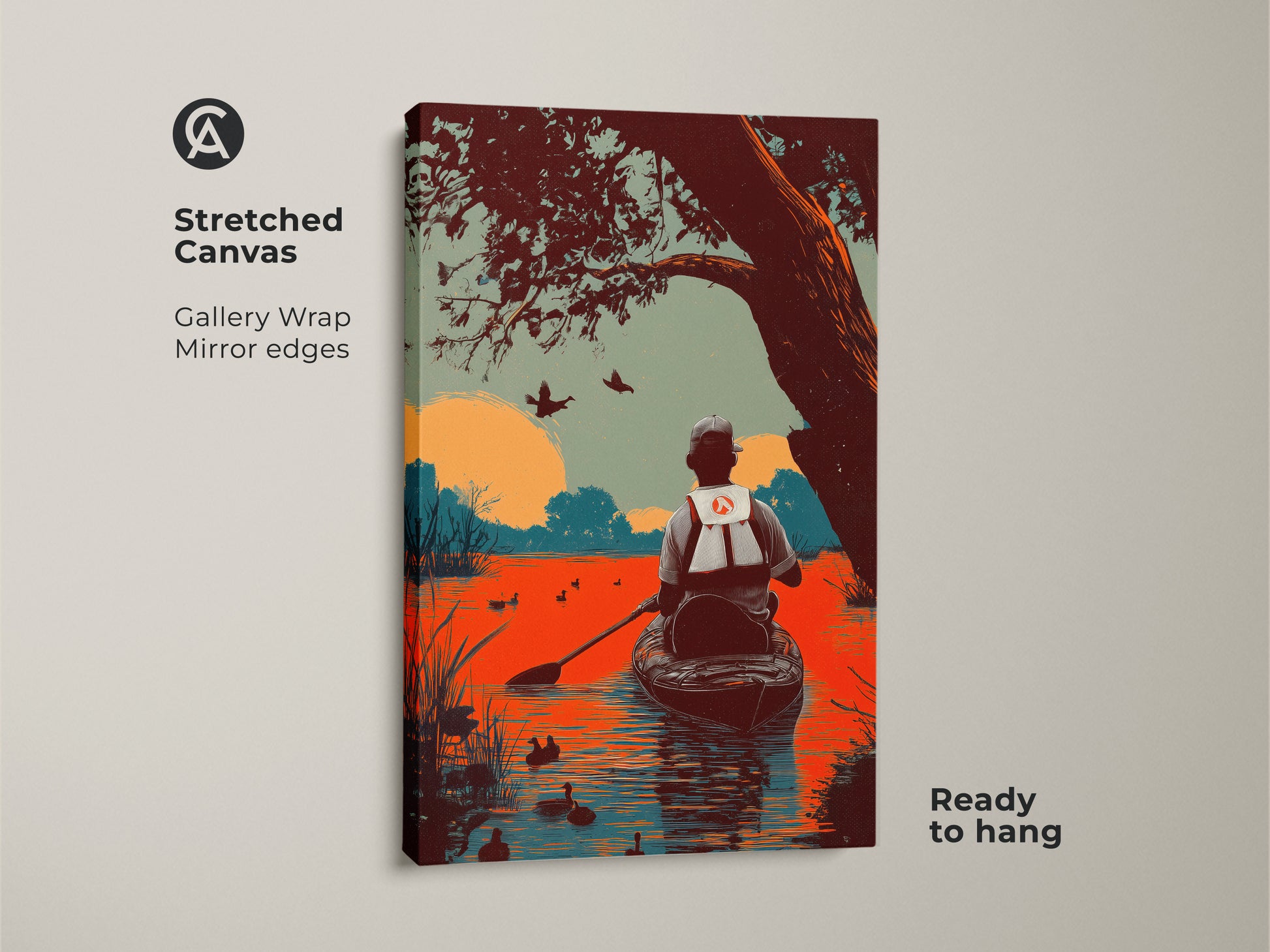 Stretched canvas of duck hunting wall art featuring a canoe trip. This wildlife art print showcases rustic nature decor in orange and teal. It's ready to hang with gallery-wrapped mirror edges adding depth. Ideal artwork for an outdoor-themed space.
