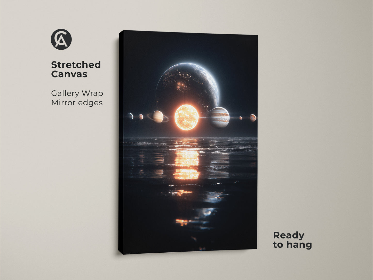 Stretched canvas print of a solar system artwork. The planets are aligned above water with the sun reflecting below. The gallery wrap and mirror edges add depth. Purchase ready-to-hang canvas art today.