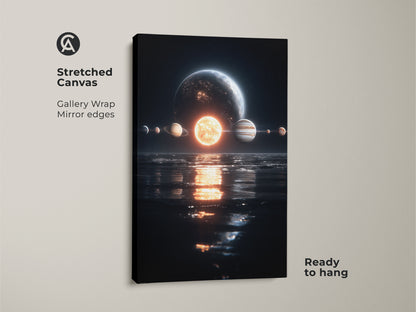 Stretched canvas print of a solar system artwork. The planets are aligned above water with the sun reflecting below. The gallery wrap and mirror edges add depth. Purchase ready-to-hang canvas art today.