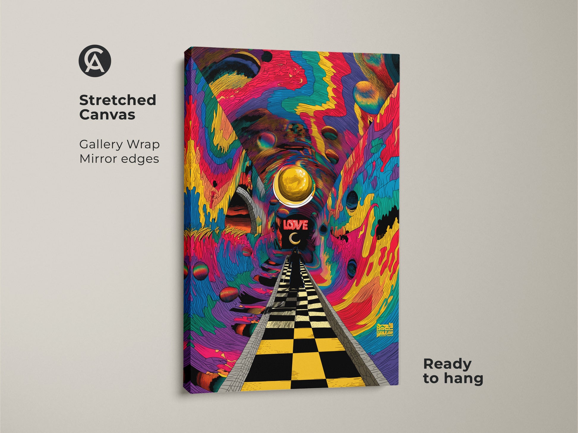 Eye-catching psychedelic tunnel art on stretched canvas. The artwork has a checkered path leading to the word LOVE. A golden orb floats above in a colorful tunnel. Ready to hang this gallery-wrapped canvas adds depth to your space.