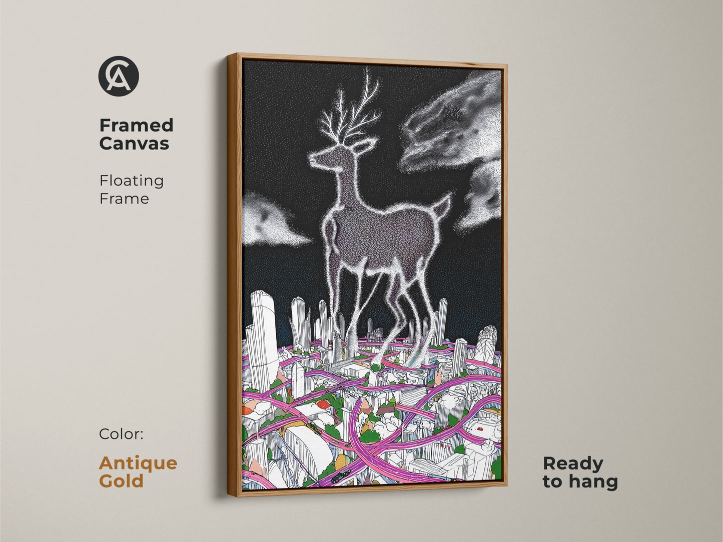 Framed canvas art of a surreal deer cityscape with an antique gold floating frame. This contemporary artwork features a deer over a cityscape. The black and white with pink line art offers a modern style. It is ready to hang.