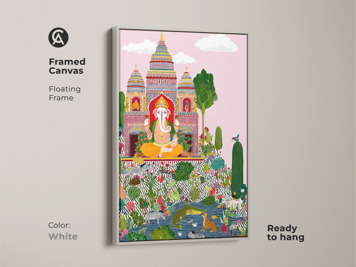 Framed canvas of Ganesha folk art in a white floating frame. This spiritual home gift has eclectic charm with zebra prints and botanicals. Ready to hang for easy decor. The vibrant Ganesha canvas adds colorful religious wall art to any space. A unique cultural wall hanging