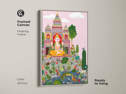 Framed canvas of Ganesha folk art in a white floating frame. This spiritual home gift has eclectic charm with zebra prints and botanicals. Ready to hang for easy decor. The vibrant Ganesha canvas adds colorful religious wall art to any space. A unique cultural wall hanging