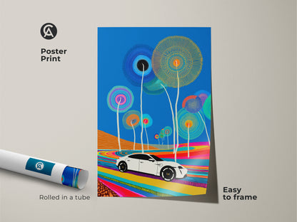 A poster print displays abstract electric car art with a colorful road trip theme. The modern blue yellow and orange artwork features a sleek white car.  Eclectic home decor art is easy to frame. This is a unique car lover gift.