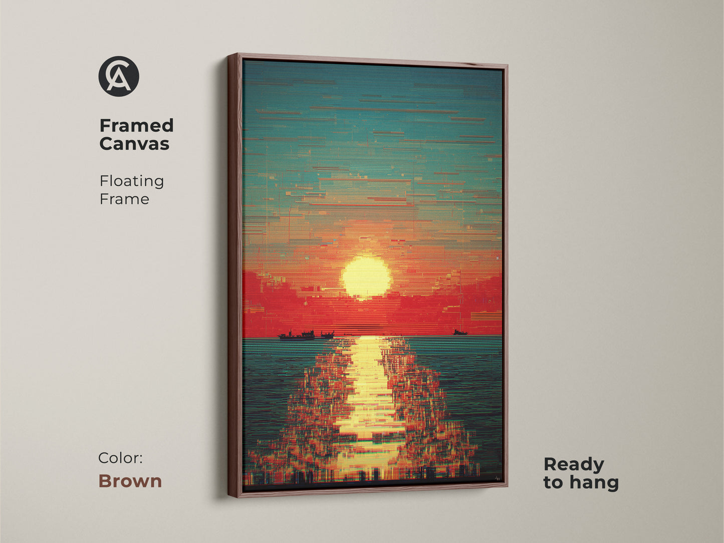 Brown framed canvas featuring a glitch art sunset. This abstract seascape combines red orange and teal hues. The boat artwork adds a unique touch. Ready to hang this piece enhances any space.