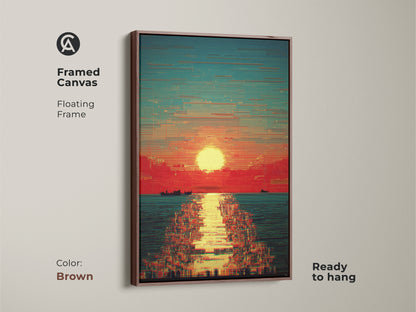 Brown framed canvas featuring a glitch art sunset. This abstract seascape combines red orange and teal hues. The boat artwork adds a unique touch. Ready to hang this piece enhances any space.