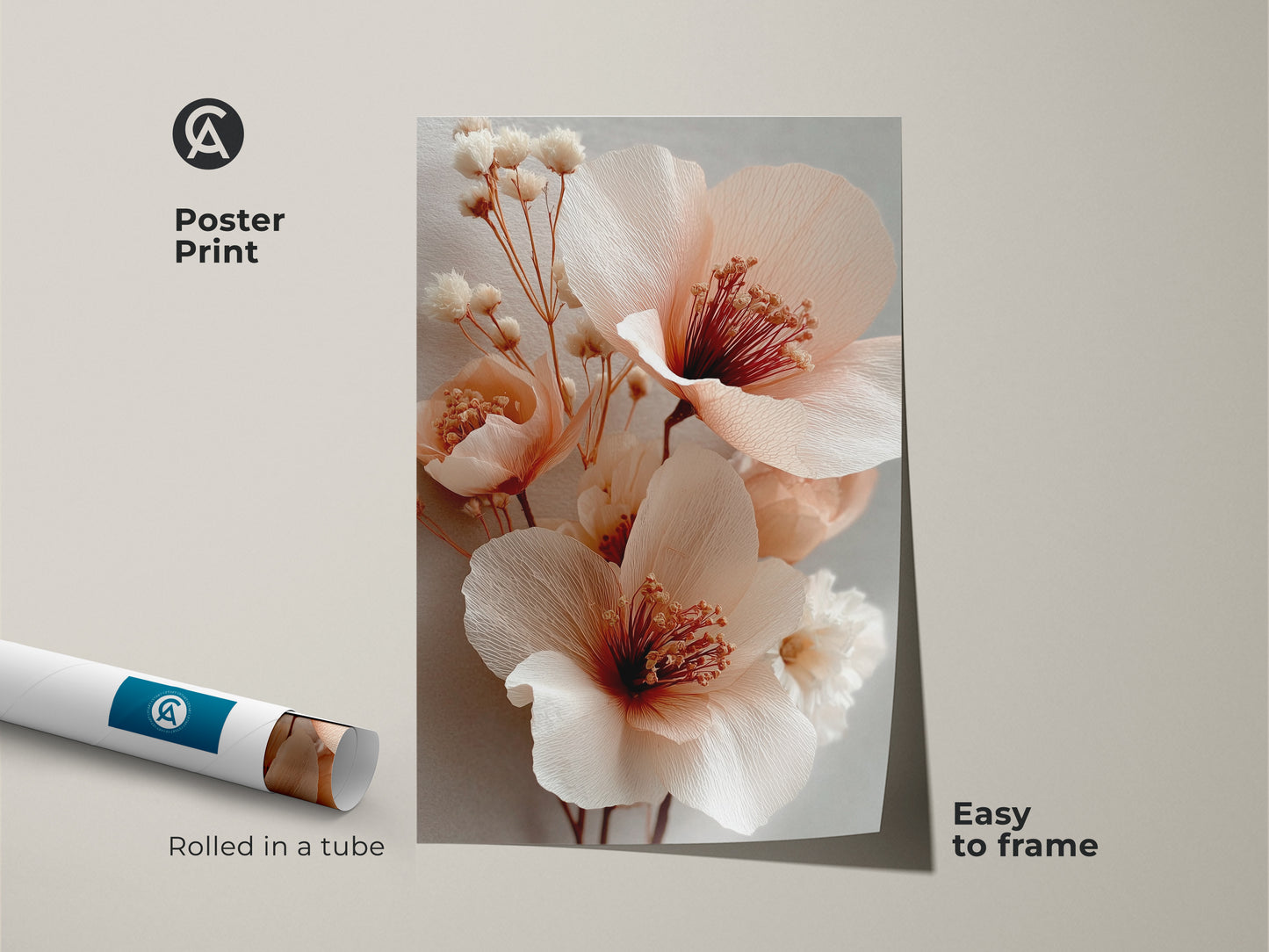 A blush pink floral poster print rolled in a tube. Easy to frame artwork. The boho botanical art features coral peony flowers and soft gray tones. Aesthetic wall art that's a great housewarming gift. This delicate floral art complements modern decor.