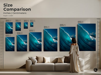 Size comparison of art prints. See wave art in inches and centimeters. Visualize sizes from 20x30 cm to 45x67 inches. Perfect art for any space. Find your ideal ocean artwork today.