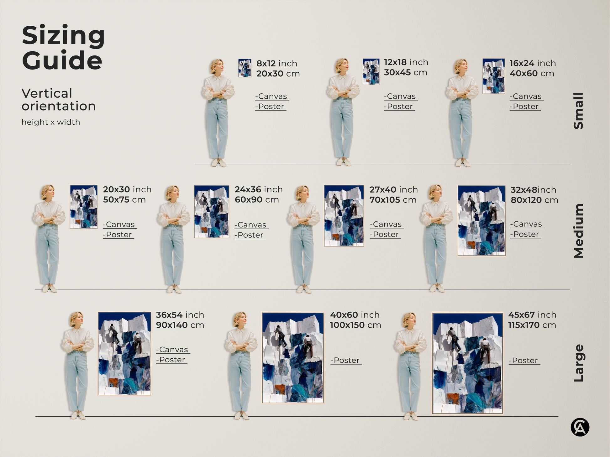 Sizing guide displays abstract climbing canvas art. Choose from small medium & large sizes for your wall. This deep blue and white contemporary artwork fits any space.