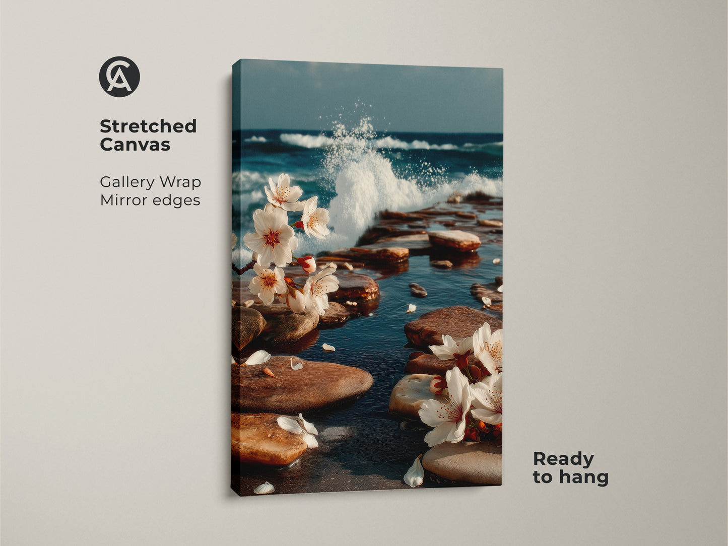 Stretched Canvas artwork featuring ocean waves and cherry blossoms. A captivating blend of coastal charm and floral beauty. Ready to hang with mirror edges and a gallery wrap. Adds a touch of elegance to any room