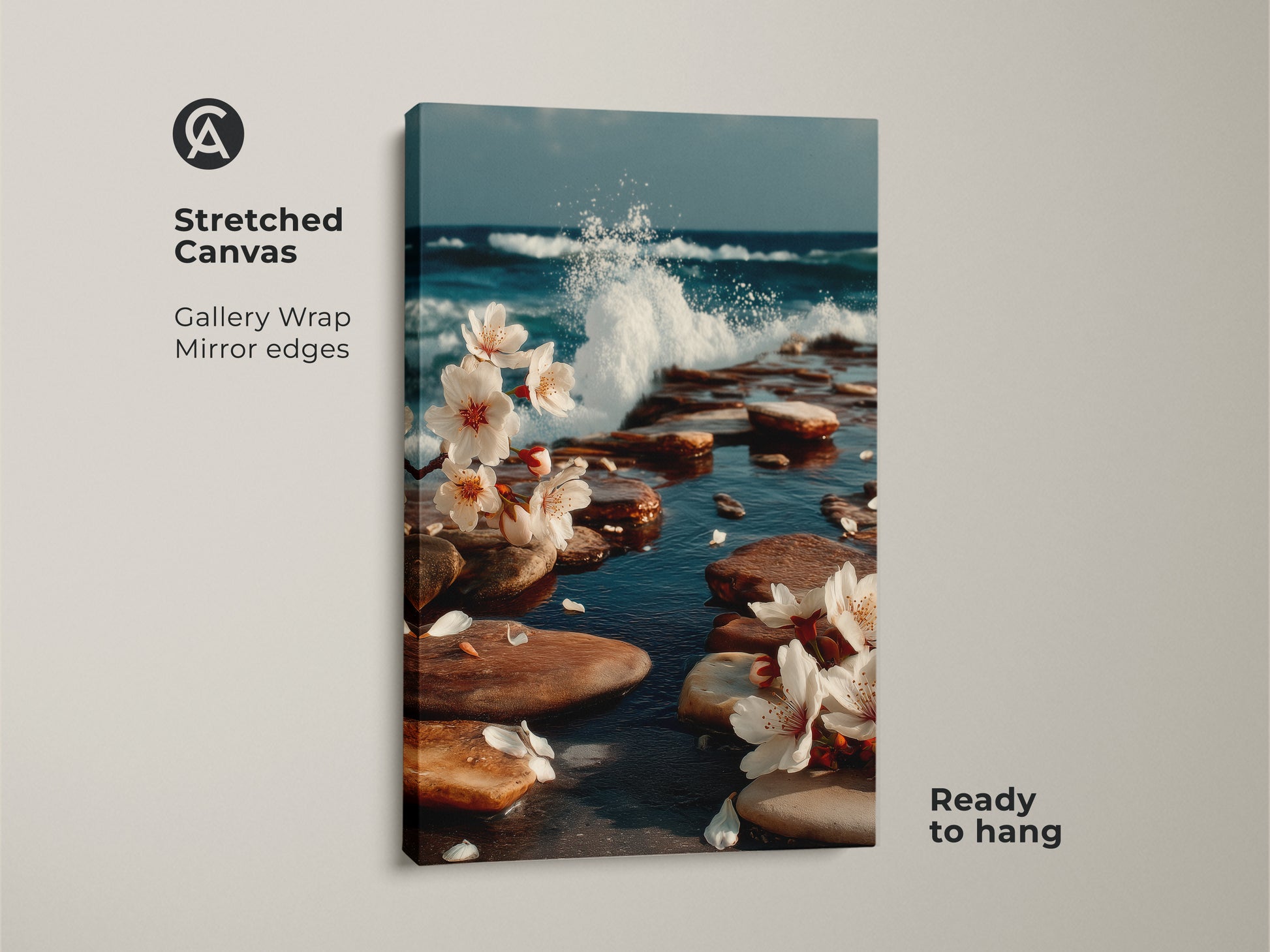 Stretched Canvas artwork featuring ocean waves and cherry blossoms. A captivating blend of coastal charm and floral beauty. Ready to hang with mirror edges and a gallery wrap. Adds a touch of elegance to any room