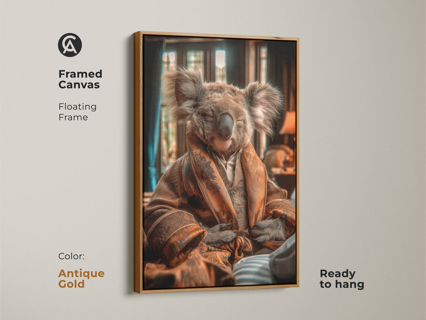 Framed canvas in antique gold featuring koala art. Cozy animal wall decor for living rooms or bedrooms. This unique anthropomorphic art is an ideal gift for couples. Ready to hang in your home.