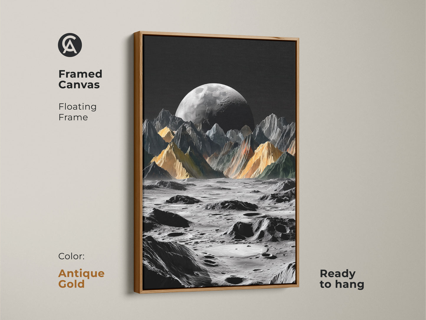 Framed canvas features floating frame in antique gold. The surreal moon landscape art print presents a dramatic lunar scene. The black and yellow artwork complements contemporary decor. The cosmic space wall art is ready to hang adding elegance and style to any room.