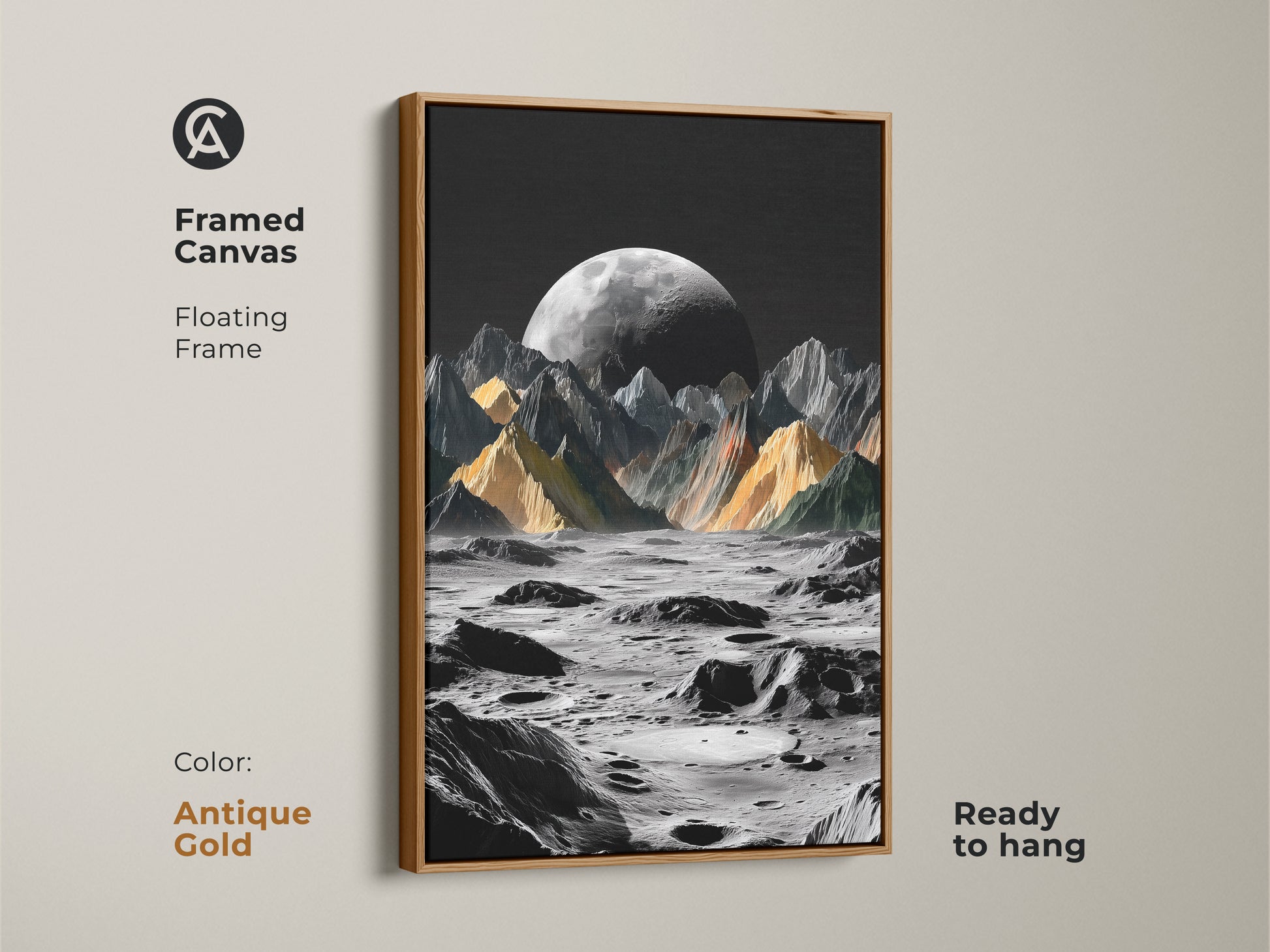 Framed canvas features floating frame in antique gold. The surreal moon landscape art print presents a dramatic lunar scene. The black and yellow artwork complements contemporary decor. The cosmic space wall art is ready to hang adding elegance and style to any room.