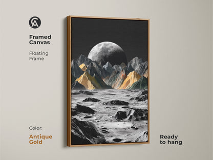 Framed canvas features floating frame in antique gold. The surreal moon landscape art print presents a dramatic lunar scene. The black and yellow artwork complements contemporary decor. The cosmic space wall art is ready to hang adding elegance and style to any room.