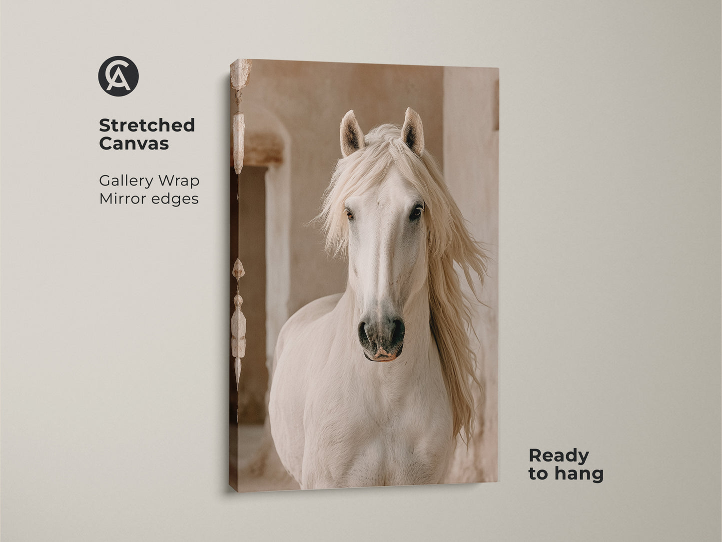 Stretched canvas of a photorealistic white horse print. This rustic farmhouse artwork has gallery wrapped mirror edges. It's ready to hang cream beige wall decor for horse lovers.