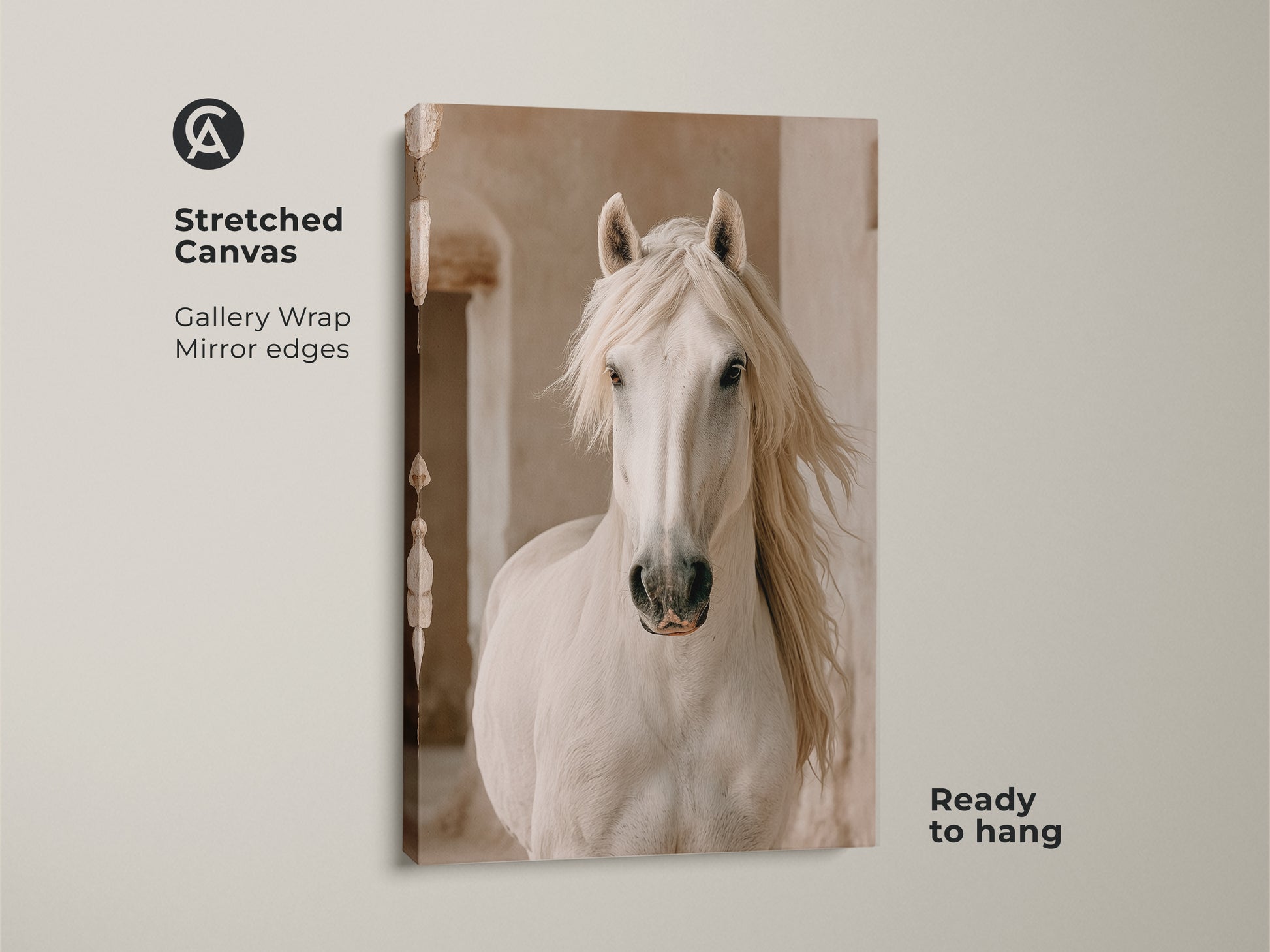 Stretched canvas of a photorealistic white horse print. This rustic farmhouse artwork has gallery wrapped mirror edges. It's ready to hang cream beige wall decor for horse lovers.