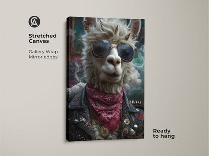 Stretched canvas print of a punk rock llama. This surreal animal portrait showcases a cool llama with sunglasses and leather jacket. It is ready to hang with gallery wrapped mirror edges. This unique artwork is perfect for music lovers or adding eclectic charm to a room.