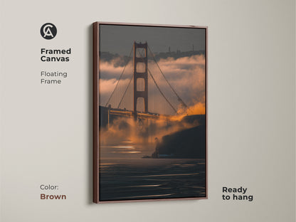 Framed Canvas of the Golden Gate Bridge with a floating brown frame. This San Francisco cityscape artwork is ready to hang. A modern piece of wall decor.