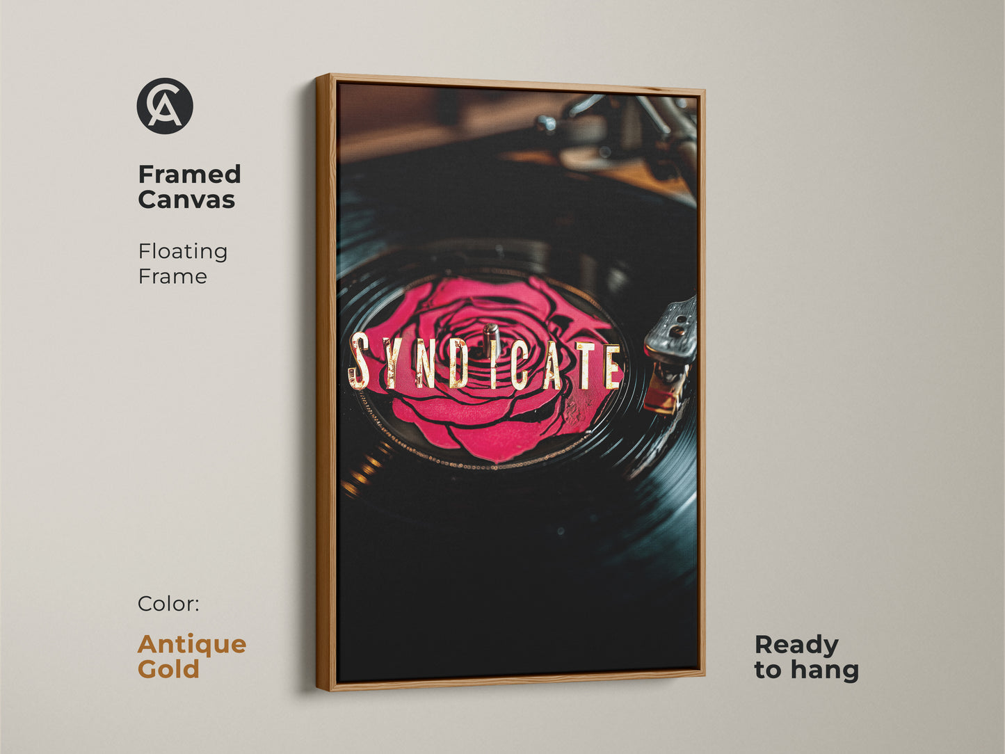 Antique Gold framed canvas of Syndicate vinyl record artwork. This artwork has a red rose on a vinyl record with gold typography. Floating frame ready to hang. Makes a unique music gift.