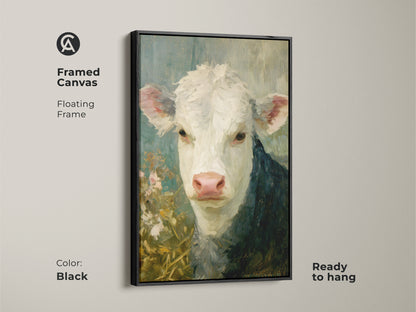 A framed canvas features a hereford calf painting with a floating black frame. Ready to hang this fine art piece adds a touch of rustic elegance to any space. Perfect for collectors of animal art.