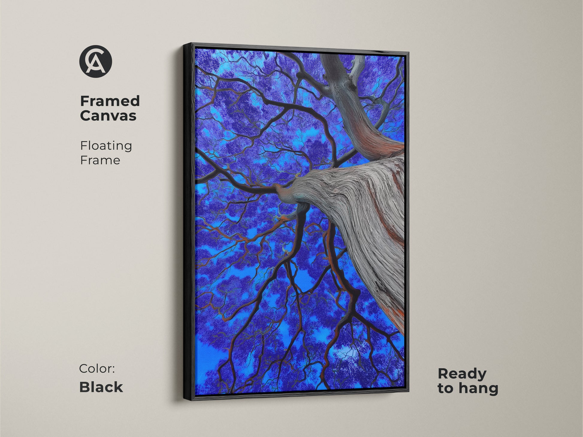 Framed surreal nature art featuring an electric blue tree. The canvas print has a black floating frame. Its unique tree art adds an eclectic touch to home decor. Ready to hang for easy wall art installation.