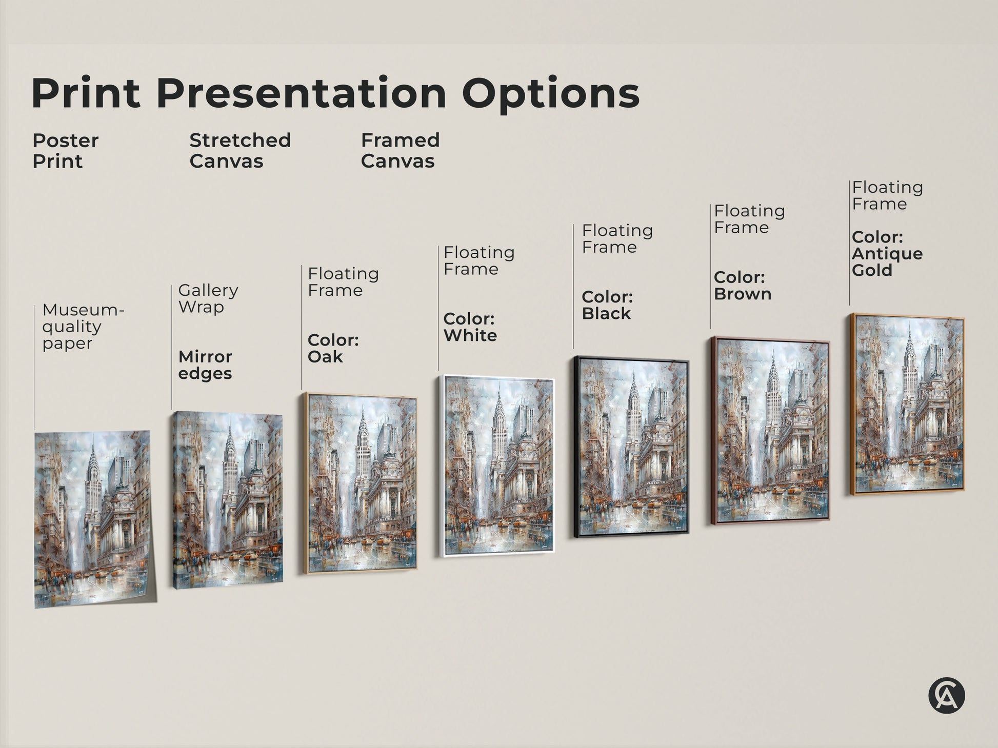 Explore print presentation options for this NYC art print. Options include poster prints stretched canvas and framed canvas. Select from gallery wrap museum-quality paper or floating frames in oak white black brown or antique gold.