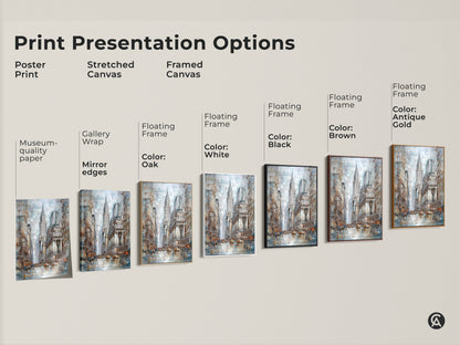 Explore print presentation options for this NYC art print. Options include poster prints stretched canvas and framed canvas. Select from gallery wrap museum-quality paper or floating frames in oak white black brown or antique gold.
