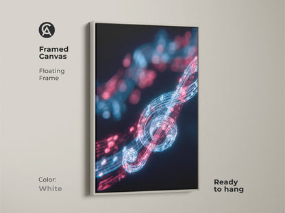 Framed canvas print of abstract music artwork with a white floating frame. This neon treble clef art features electric blue and red light notes. Modern home office decor ready to hang.
