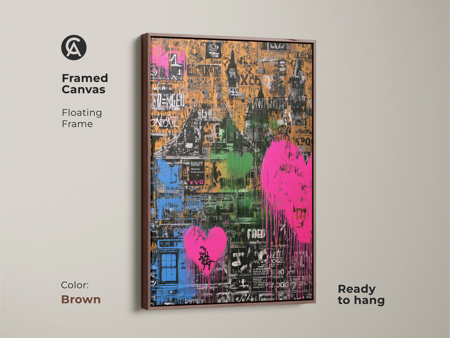 Abstract urban canvas art with a graffiti heart in a brown floating frame. The orange pink and green artwork brings an eclectic vibe. Ready to hang this framed cityscape is ideal for modern decor. A unique housewarming gift for city lovers.