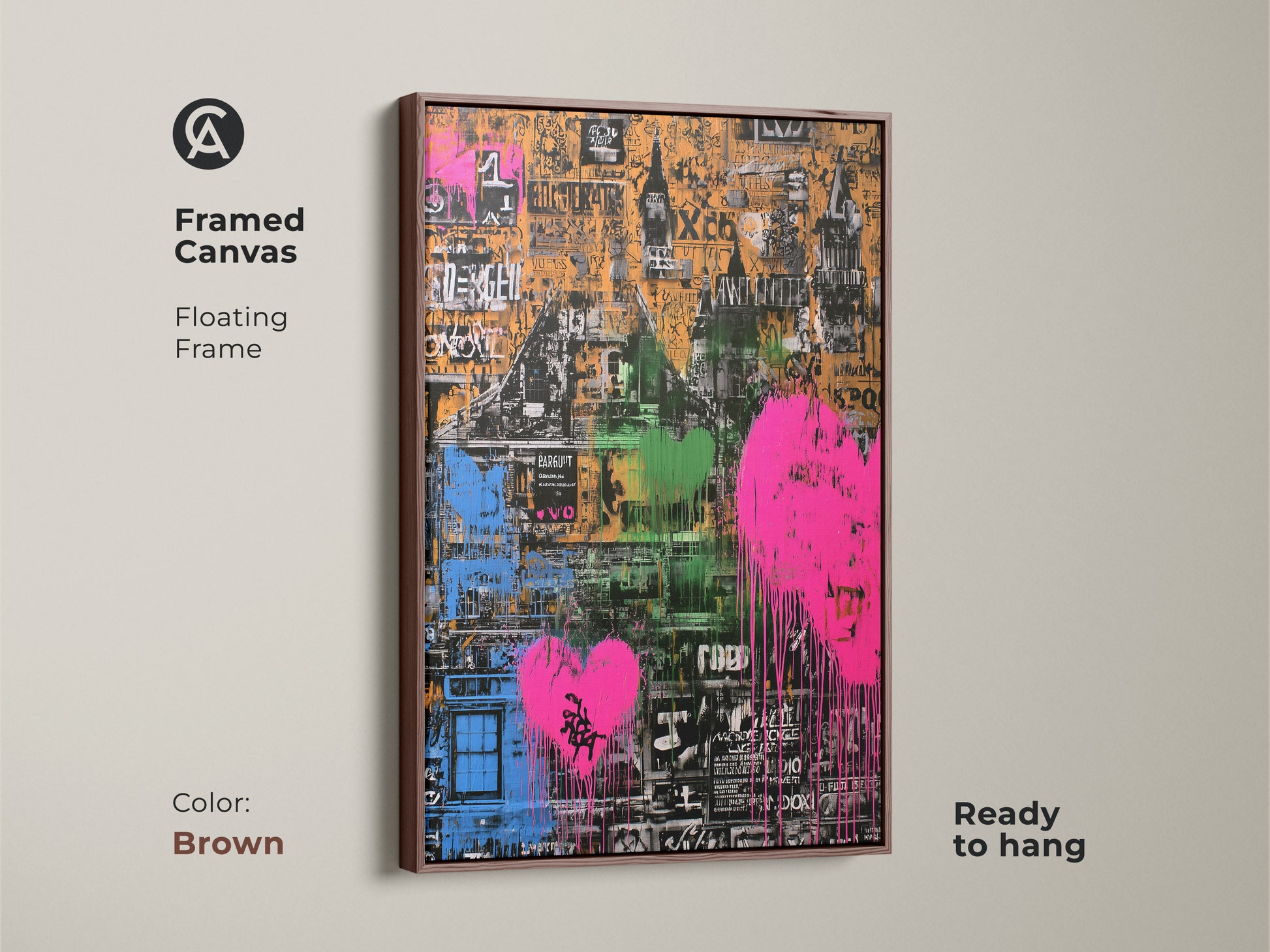 Abstract urban canvas art with a graffiti heart in a brown floating frame. The orange pink and green artwork brings an eclectic vibe. Ready to hang this framed cityscape is ideal for modern decor. A unique housewarming gift for city lovers.