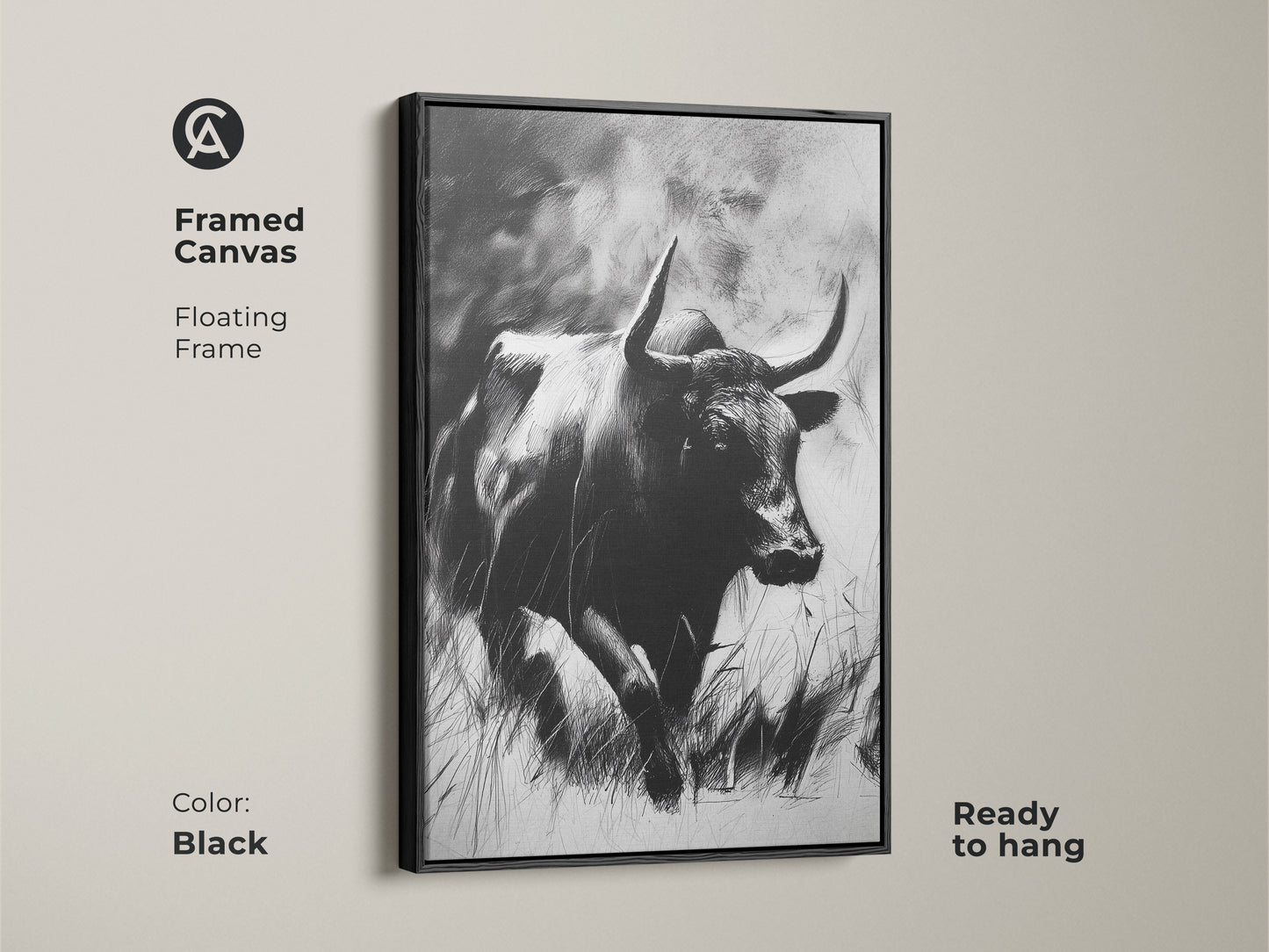 Rustic bull sketch in a brown framed canvas. This monochrome animal print is ready to hang. It complements farmhouse and office decor. A sophisticated wildlife art gift. The framed art adds a touch of nature to any room. Perfect for ranchers.