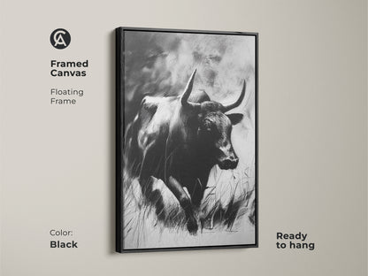 Rustic bull sketch in a brown framed canvas. This monochrome animal print is ready to hang. It complements farmhouse and office decor. A sophisticated wildlife art gift. The framed art adds a touch of nature to any room. Perfect for ranchers.