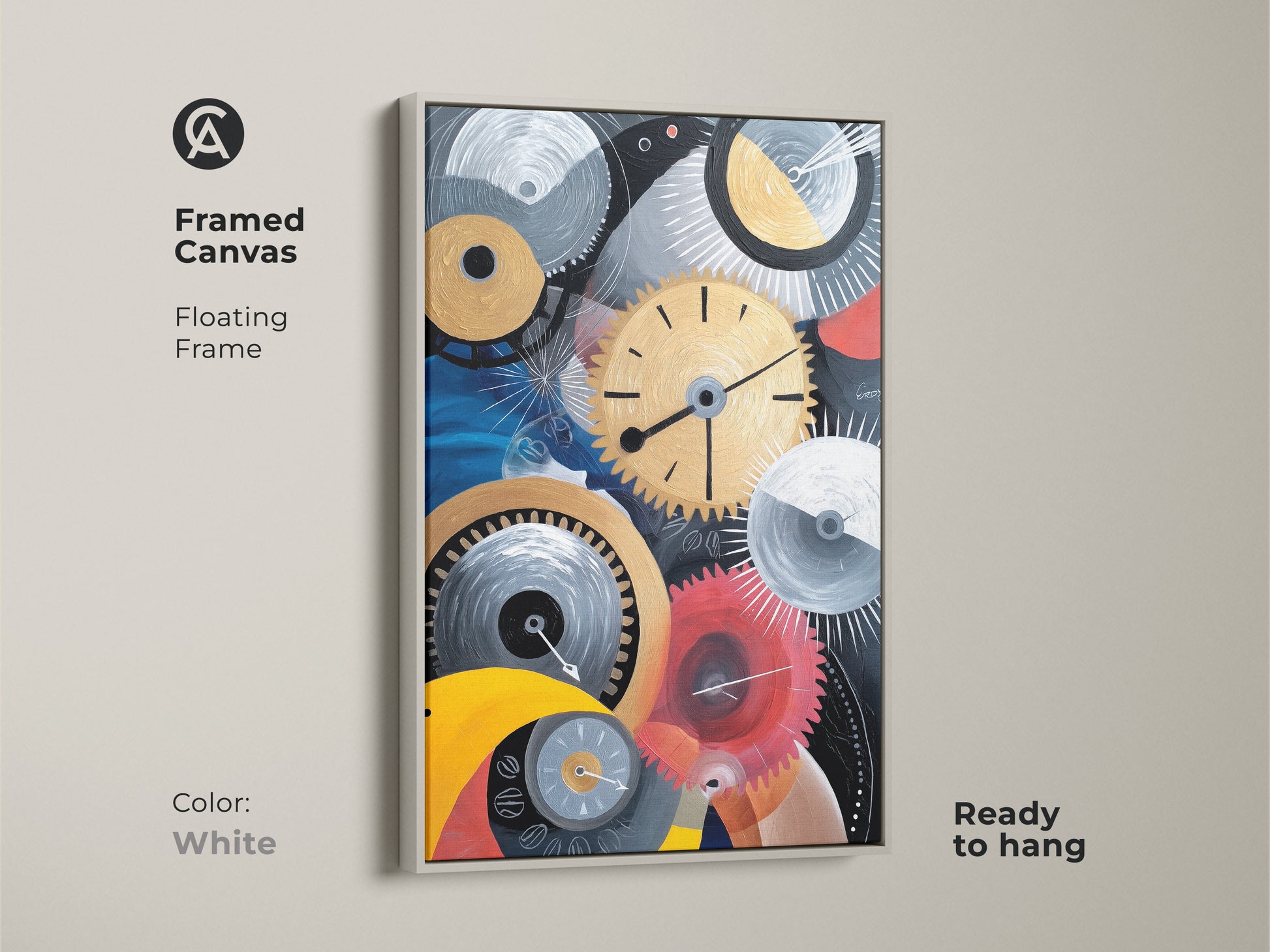Framed canvas with a white floating frame showing abstract mechanical artwork. The gold and blue clock gears add a steampunk art deco flair. Ready to hang perfect for modern wall decor.