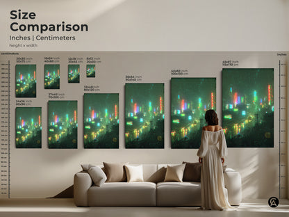 Size comparison of neon cityscape artwork. See how different sizes fit with your space. Available in inches and centimeters. Visualize the artwork in various dimensions. Find the ideal size to enhance your home decor today. Shop now