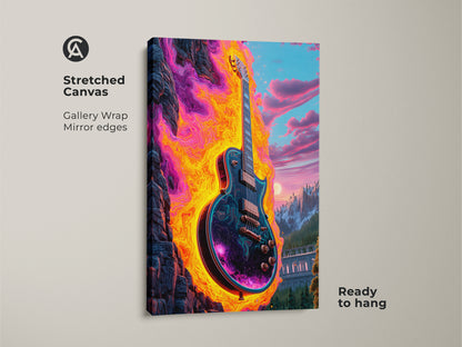 Stretched canvas print of a psychedelic electric guitar art. The gallery wrap features mirror edges and is ready to hang. Abstract cosmic mountain landscape wall art with fiery oranges and vibrant purples. Music lover gift that brings eclectic style to any space. Intense colors and artistic flair.