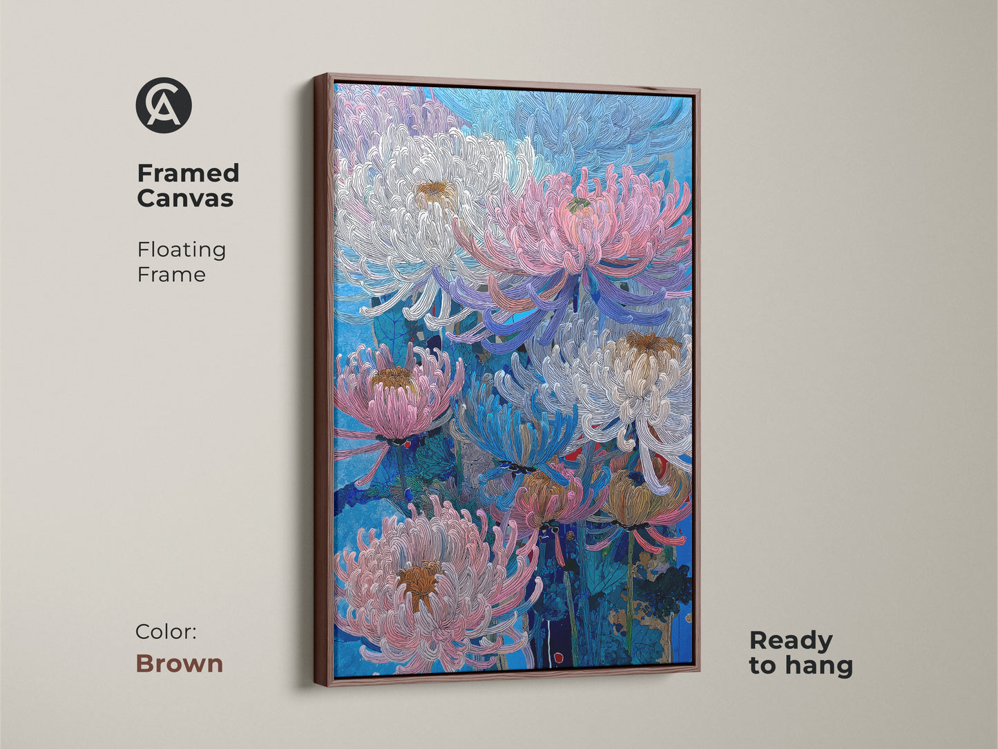 Framed canvas features pink blue and white Chrysanthemums with a floating frame. The brown frame complements this botanical nature wall art. Ready to hang floral artwork for bedroom or living room. This modern flower art adds contemporary elegance to your home decor.