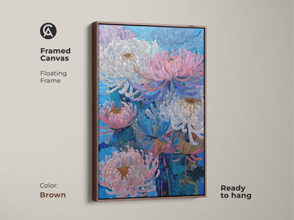 Framed canvas features pink blue and white Chrysanthemums with a floating frame. The brown frame complements this botanical nature wall art. Ready to hang floral artwork for bedroom or living room. This modern flower art adds contemporary elegance to your home decor.