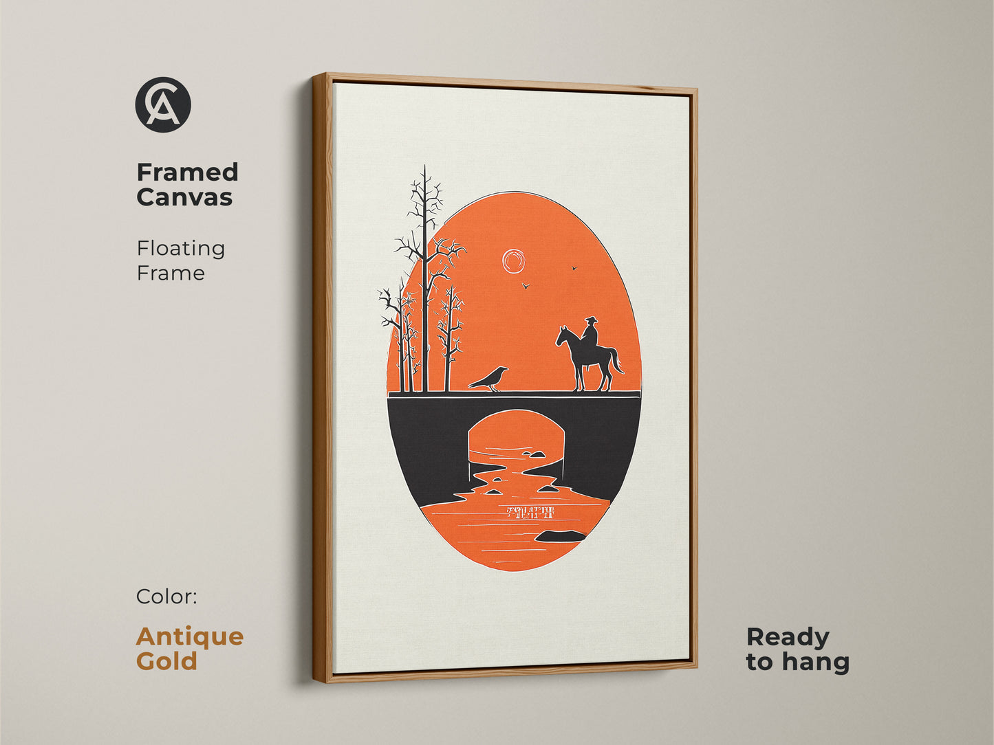 Framed Canvas in antique gold featuring a cowboy on horseback on a bridge. This Mid-Century Modern art print includes a retro orange and black landscape. This minimalist western art is ready to hang. It makes a unique housewarming gift for enthusiasts of cowboy art. The silhouette bridge painting adds a touch of vintage charm to any room.